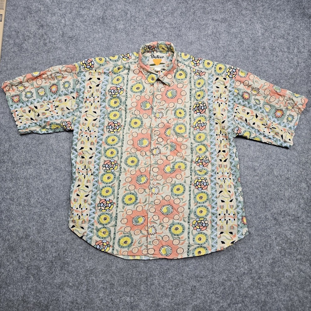 Unisex Vintage 90s Protest Shirt Bright Multicolored Abstract Art Short Sleeve M